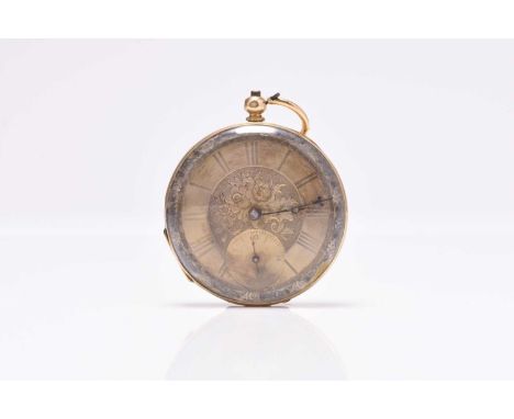 An 18ct gold open face pocket watch Date: Circa 1890 Movement: 3/4 plate, key wind and set Dial: Gilt engraved, black Roman h