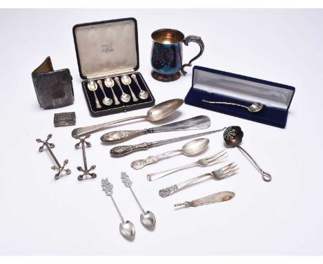 A small collection of silver, comprising; a cased set of twelve silver handled fish knives and forks, Thomas Bradbury &amp; S