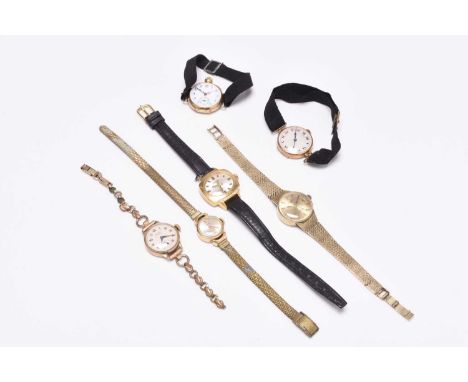 A group of lady's gold and gold plated wristwatchesIncluding: A Rotary 9ct gold bracelet watch, 27g; a Rone 9ct gold watch on