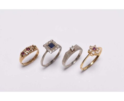 A sapphire and diamond square cluster ring, the white metal shank stamped '18ct pt', size P 1/2, together with a single stone