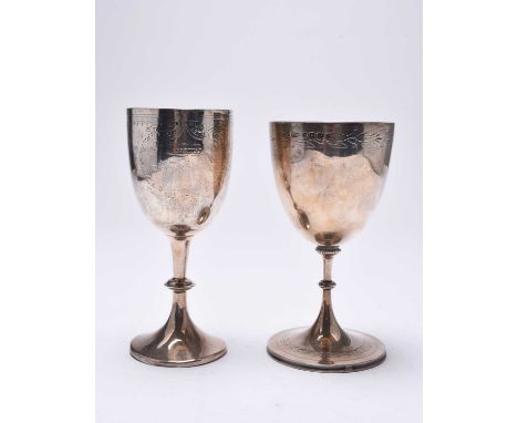 A Victorian silver goblet, T.W, Birmingham 1879, of typical form with bright cut engraved decoration and initials, 16cm high,