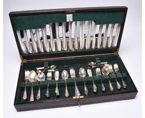 A canteen of silver plated cutlery, by Butler of Sheffield, the eight person setting comprises; side knives, table knives, ta