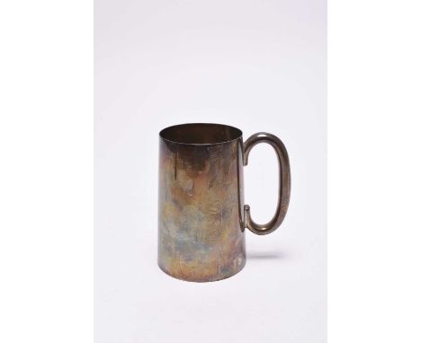 A silver mug, Walker &amp; Hall, Sheffield 1947, of plain polished tapered form with 'C' scroll handle, 13cm high, weight app