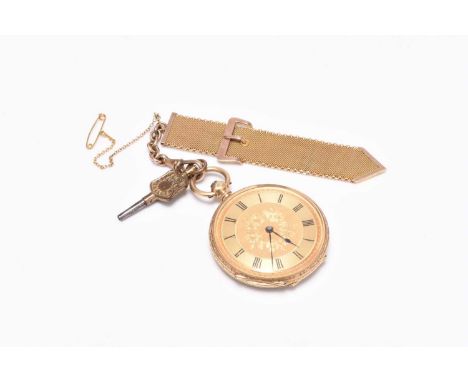 A lady's 18ct gold open face pocket watch Date: Circa 1902 Movement: Jewelled bridge plate, key wind and set Dial: Gilt engra