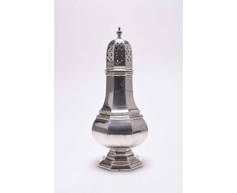 An early 20th century silver sugar caster, Walker &amp; Hall, Sheffield 1928, of faceted octagonal form, 22cm high, weight ap