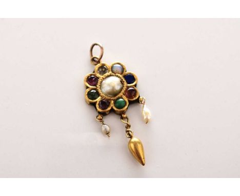 A yellow metal, enamel and stone set cluster pendant, designed as a central split pearl mounted within eight stones, to inclu