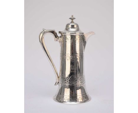 A Victorian silver lidded hot water jug, W W Harrison &amp; Co, Sheffield 1891, of tapered form with engraved decoration and 