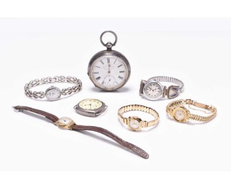 A Rotary lady's 9ct gold wristwatchOn a gold plated expanding bracelet, 14.5g gross, together with four lady's fashion wristw