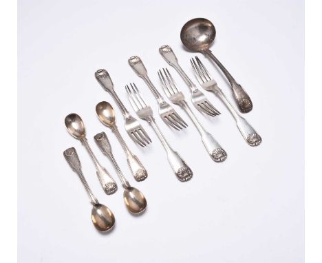 A collection of George III Irish Fiddle and Shell pattern silver flatware, Christopher Cummins, Dublin 1817, comprising; six 