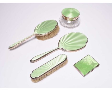 A five piece silver and green enamel mounted dressing table set, Walker &amp; Hall, Birmingham and Chester 1938 and 1939, com