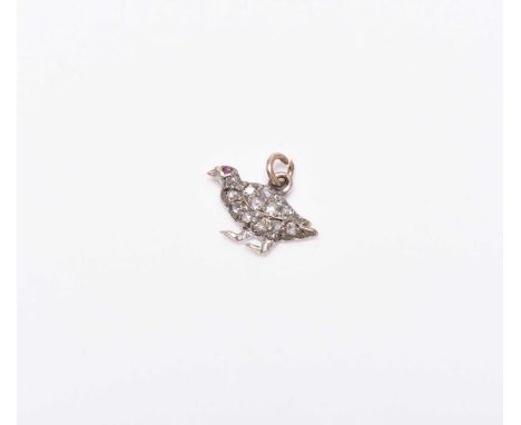 A rose cut diamond set partridge charm / pendant, with cabochon ruby set eye, suspended form bail, 14mm wide, weight approx 0