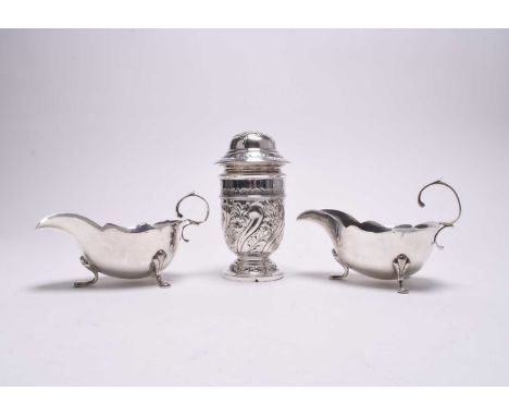 An Edwardian silver sugar caster, Harrison Brothers &amp; Howson, Sheffield 1903, with embossed floral decoration, 13.5cm hig