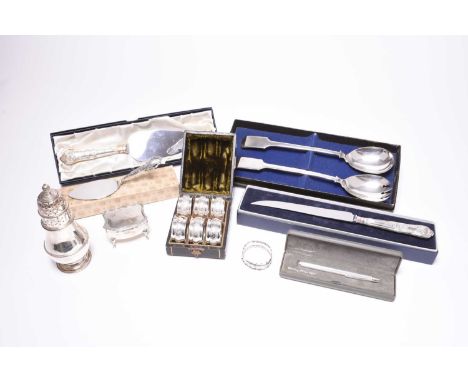 A collection of silver and plated wares, comprising; a cased set of six silver handled side knives, a cased pair of white met