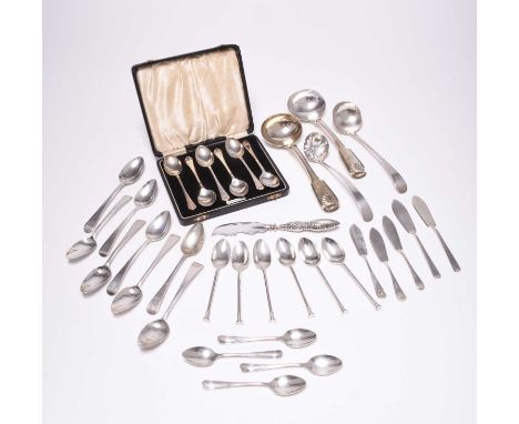 A collection of silver flatware, to include; a pair of George IV Shell and Fiddle pattern sauce ladles, W E, London 1827, a S