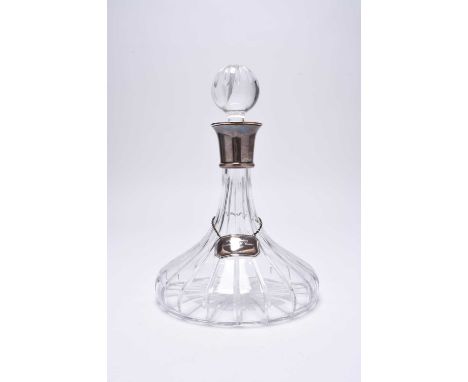 A silver mounted glass ships decanter, Carrs of Sheffield, 2001, with glass stopper, 29cm high, together with a silver wine l