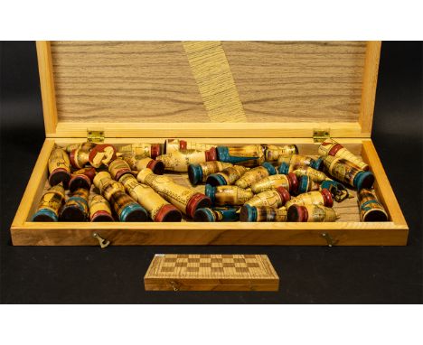 A Modern Russian Pyrography Chess Set Russian hand painted chess set, the figures in the form of an ancient Mongolian army. P
