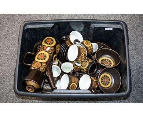 A Collection of Denby Arabesque Pottery A coffee set comprising coffee pot ( crack to rim) cups. saucers, side plates, bowls 