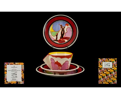 Wedgwood Bizarre Clarice Cliff Hand Painted Limited Edition Conical Teacup, Saucer And Side Plate - Blue Autumn Number 326 of