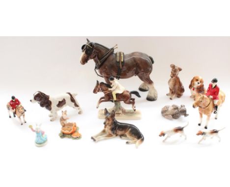 Selection of ceramic animal figurines to include Shire Horse, Goebel Spaniel, Japanese Walt Disney Lady and the Tramp, German
