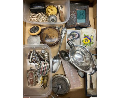 Early c20th celluloid novelty folding moustache comb modelled as a flapper girl, brass vesta case in the form of a pig, silve