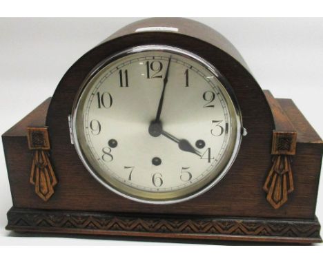 Haller 1930's oak cased mantel clock, chrome plated bezel and silvered Arabic dial, three train Westminster chiming movement,