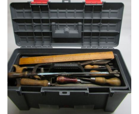 Grey plastic toolbox with lift out tray containing tools including record G clamp, mallet, hacksaw, RAF transport command bee