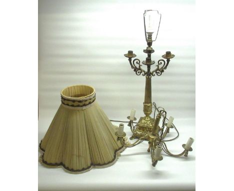 Brass candlestick with 4 branches converted to a lamp with shade and a 5 branch chandelier (2) 