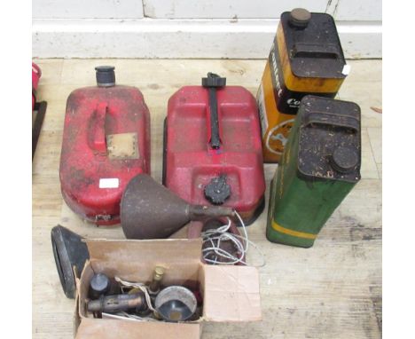 The Grange Goathland - Two fuel cans Contect water lubricant can, BP Energol motor oil can, three petrol funnels and boxed br