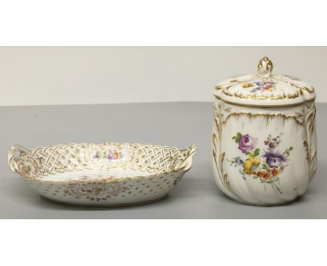 The Grange Goathland - C20th Sitzendorf porcelain jar and cover, painted with floral sprays with gilt detail, printed marks, 