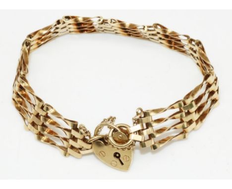 9ct yellow gold four bar gate bracelet with heart padlock clasp and safety chain, stamped 375, 13.6g 