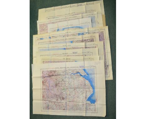 Ten Ordnance survey air maps (second war revision 1943), coloured Air Ministry maps, scale 1/4" to 1 mile, including 1/50,000