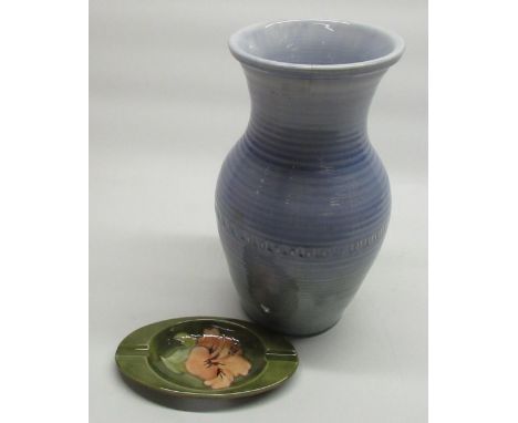 Moorcroft Natural Range vase in light blue glaze (AF), H27cm, and a Moorcroft Hibiscus ashtray 