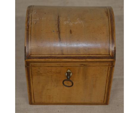 Early C19th inlaid satinwood tea caddy with domed top, mahogany inlay, ebony stringing, bone escutcheon, lacking original int