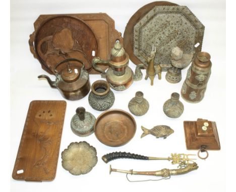 Indian carved wood cribbage board, carved wood trays, Tibetan prayer horn, Tibetan ewer, and other Indo-Persian or Tibetan me