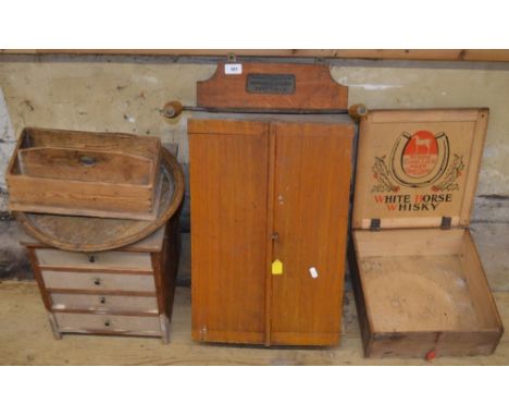 Wall mounted joiners toolbox W36cm H70cm including joinery tools, draw knife, set square, spanners, etc, four drawer wooden s