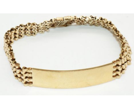 9ct yellow gold bar gate identity bracelet, stamped 375, L20cm, 24.5g 