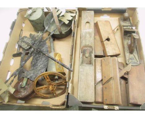 C20th clockwork spitjack, weather vane, Scarborough fishing reel, woodworking moulding planes, Stanley Bailey no. 5 1/2 smoot