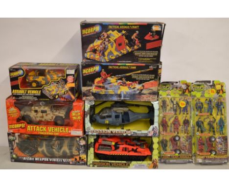 9 boxed 1/18 scale playsets/figure sets, "The Corps" by Lanard Toys including Recoil Weapon Vehicle Set (Try Me function will