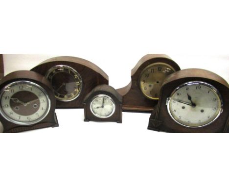 1930's Enfield oak cased chiming mantel clock, three other chiming mantel clocks, walnut chiming mantel clock case, 1930's fi