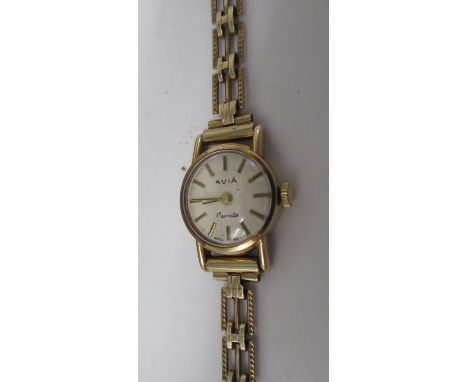 Ladies Avia 9ct gold cased hand wound wristwatch, two-piece case on matching gate style bracelet, hallmarked 375, not running