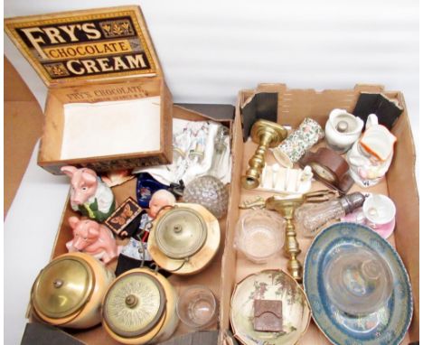 Early c20th Frys Chocolate Cream wooden advertising display box, c19th handblown hobnail glass decanter, pair of c19th brass 