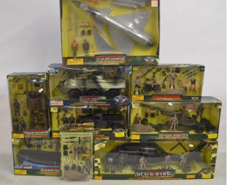 Collection of 9 "World Peacekeepers" boxed playsets including a Black Hawk, J-10 Jet Fighter, Humvee, Patrol Boat, Howitzer (