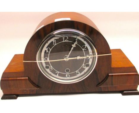 Bentima 1930's figured walnut cased mantel clock with chrome plated bezel, three train Westminster chiming movement numbered 
