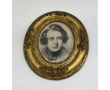 After Samuel Lawrence (British, 1812-1884); portrait of Charles Dickens, monochrome print, gesso frame 