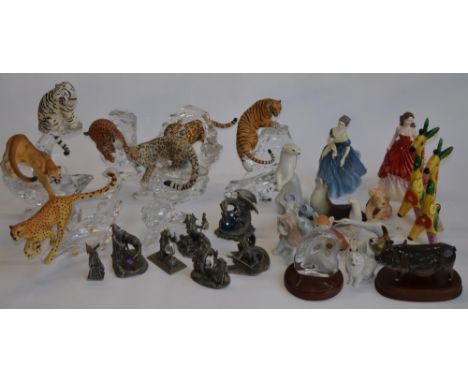 A collection of ceramic animals, 2 Royal Doulton figurines, pewter fantasy scenes etc (3 boxes) and a wood ornament stand, he