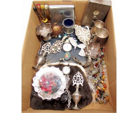 Costume jewellery including brooches, silver plated items including teaspoons, Indian white metal items, bridge game marker e