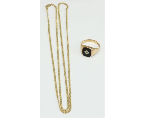 9ct yellow gold chain link necklace, stamped 375, L60cm, and a 9ct yellow gold square faced signet ring, set with black stone