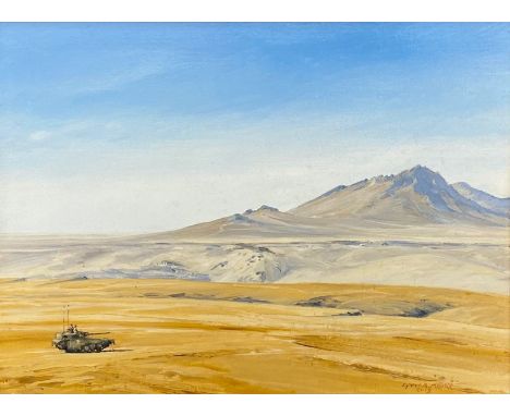 Oil on canvas, an army tank in the desert, signed Lynne R Moore and dated 2013. H.44 W.54cm.