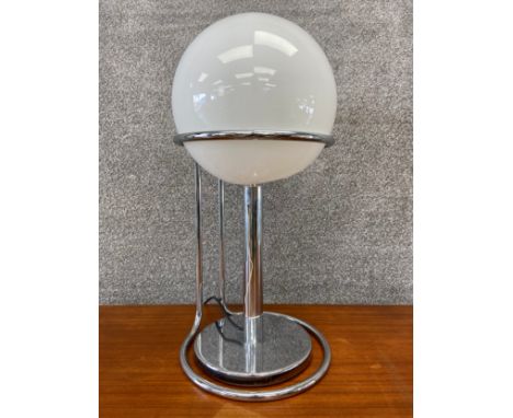 A mid century Art Deco style chrome and opal glass table lamp with original light fittings. H.62 Dia.31cm