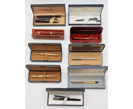 A collection of eleven vintage pens, mostly boxed, three Sheaffer (1 x felt, 1 x Ink, 1 x Ball point) and four Parker (3 x In